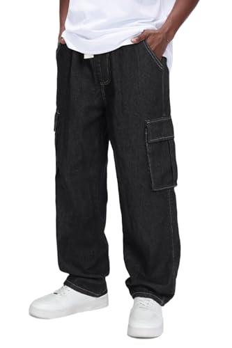 GINGTTO Herren Cargo Jeans Regular Baggy Straight Denim Jeanshose Männer Loose fit Casaul Cargohose Relaxed Arbeitsjeans Schwarz 32/30 von GINGTTO