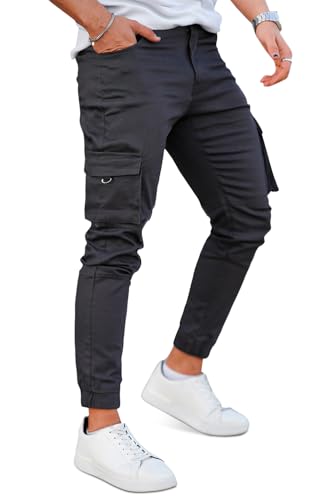 GINGTTO Cargohosen für Herren Stretch Slim Fit Outdoor Cargo Jogginghose Männer Chinohose mit Taschen Male Pants Dunkelgrau 32/30 von GINGTTO