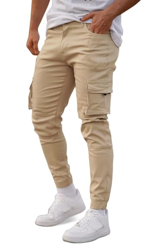 GINGTTO Cargohosen für Herren Slim Fit Outdoor Hosen Männer Stretch Cargo Jogginghose mit Taschen Hell Khaki 30/30 von GINGTTO
