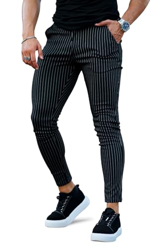 GINGTTO Herren Chino Hose Slim fit Stretch Anzughose Skinny Gestreifte Stoffhose Männer Streifen Business Herrenhosen Schwarz 28 von GINGTTO