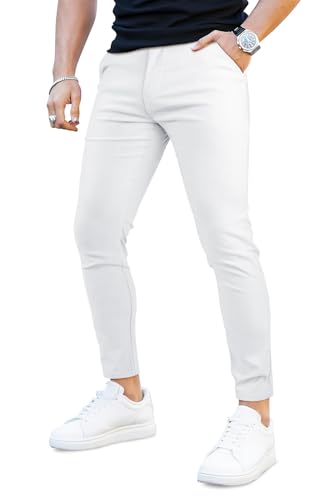 GINGTTO Herren Chino Hose Skinny Stretch Stoff Herrenhose Männer Anzughose Slim Fit Mit Taschen Weiß 30/30 von GINGTTO