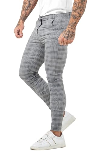GINGTTO Herren Skinny Chino Hose Slim Fit Karierte Stoffhose Stretch Männer Hosen Bequeme Anzughose Grau 34 von GINGTTO