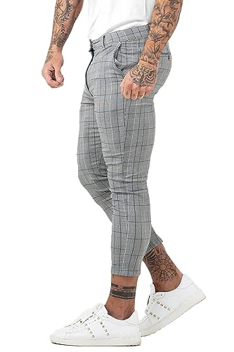 GINGTTO Herren Karierte Chinohose Skinny Business Stretch Slim Tapered Casual Hose Männer Grau 36 von GINGTTO