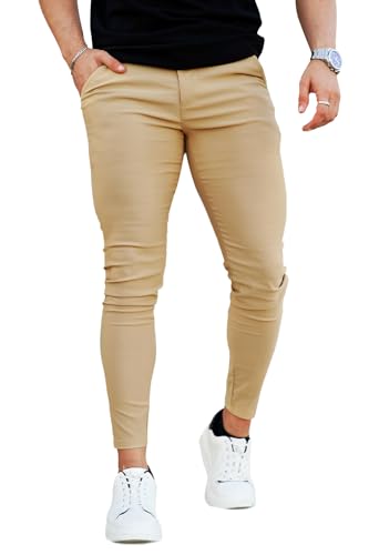 GINGTTO Herren Chino Hose Stretch Super Skinny Männer Chinohose Slim fit Anzughose Casual Stoffhose mit Taschen Khaki 34/28 von GINGTTO