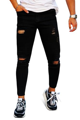 GINGTTO Herren Jeans Löcher Stretch Slim Fit Schwarze Stretch Jeanshose Risse Männer 32/30 von GINGTTO