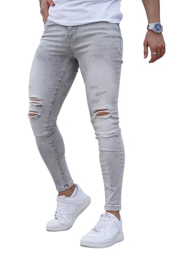 GINGTTO Herren Jeans Skinny Ripped Stretch Slim Fit Männer Denim Hose Zerrissene Jeanshose Casual Hell Grau 34 von GINGTTO