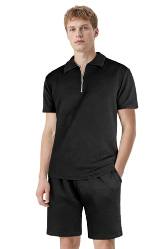 GINGTTO Herren Kurze Trainingsanzug Shorts und Tshirt Set mit Half-Zip Polo Hemd Sommer Outfit 2 Teiliges Casual Kurzarm Zweiteiler Strand Urlaub Freizeitanzug Schwarz XL von GINGTTO