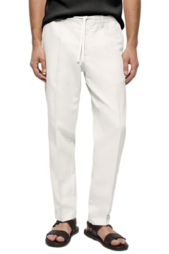 GINGTTO Herren Leinen Hosen somm Arlaub Freizeithose mit Elastische Taillen Lang für Männer Weiß 32 von GINGTTO