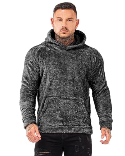 GINGTTO Herren Sherpa Hoodie Pullover Fleece Sweatshirt Dunkelgrau Flauschiger Hoodie Herren Pullover L von GINGTTO