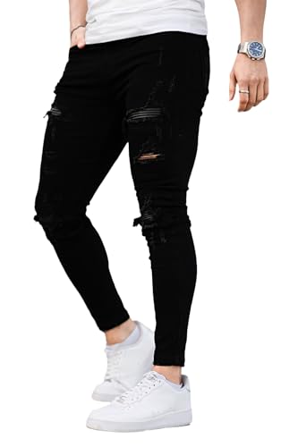 GINGTTO Herren Skinny Jeans Zerrissene Stretch Slim Fit Denim Hose Männer Ripped Jeanshose Casual Löcher Hosen Schwarz 34/30 von GINGTTO