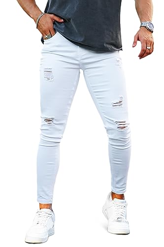 GINGTTO Herren Skinny Jeans Zerrissene Stretch Slim Fit Ripped Denim Hose Männer Jeanshose Weiß 28 von GINGTTO