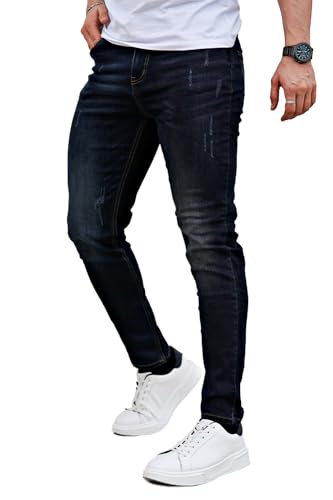 GINGTTO Herren Slim Fit Jeans Ripped Skinny Stretch Jeanshose Dunkelblau 30 von GINGTTO