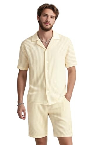 GINGTTO Herren Trainingsanzug Sommer 2 Teiliges Outfits Kurzarm Button Down Hemd und Shorts Set Casual Urlaub Strand Shirt Sportanzug Khaki M von GINGTTO
