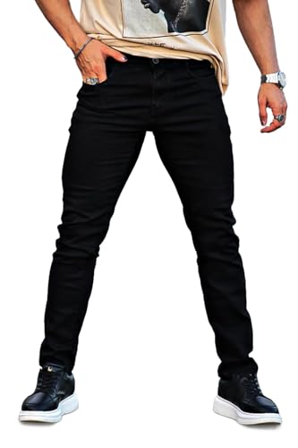 GINGTTO Jeans Herren Skinny Casual Stretch Hosen Männer Slim Fit Denim Jeanshose Schwarz 30W/30L von GINGTTO
