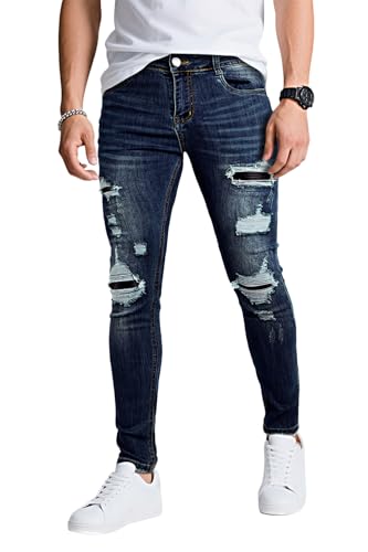 GINGTTO Jeans Herren Ripped Skinny Stretch Jeanshose Slim fit Denim Hosen Männer Zerrissene Herrenjeans Destroyed Pants Dunkelblau 36/30 von GINGTTO