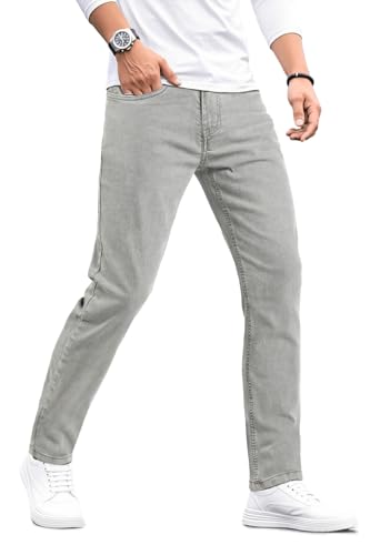 GINGTTO Jeans Herren Slim Fit Stretch Design Denim Hose für Männer Regular Fit Tapered Jeanshose Male Stretchjeans Hellgrau 34W/30L von GINGTTO