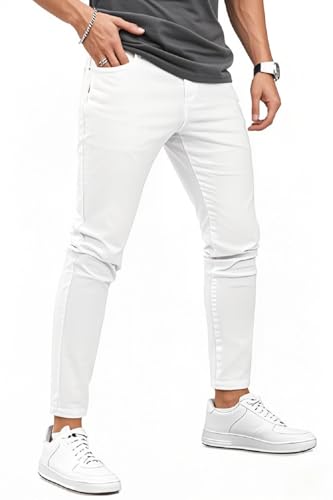 GINGTTO Jeans Herren Slim fit Männer Stretch Weiss Jeanshose Skinny Denim Hose Passform Tapered Weiß Casual Röhrenjeans 34/30 von GINGTTO