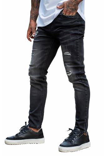GINGTTO Jeans Herren Stretch Slim Fit Ripped Jeanshose Männer Denim Schwarz Jogginghose 28 von GINGTTO