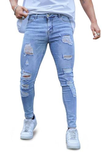 GINGTTO Jeans Skinny Herren Slim Fit Ripped Frayed Male Destroyed Strech Denim Hose Casual Light Blau Jeanshose 36 von GINGTTO