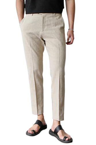 GINGTTO Leinenhose Herren Business Sommer Slim Lang Trousers Leicht Freizeithose mit Gürtelschnalle Helles Khaki 28 von GINGTTO