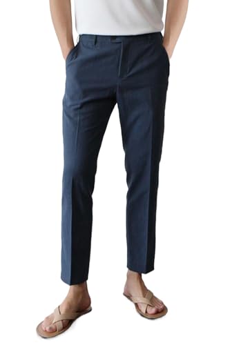 GINGTTO Leinenhose Herren Business Trousers Sommer Hose Slim Linen Luftig Trousers mit Taschen Dunkelblau 36 von GINGTTO
