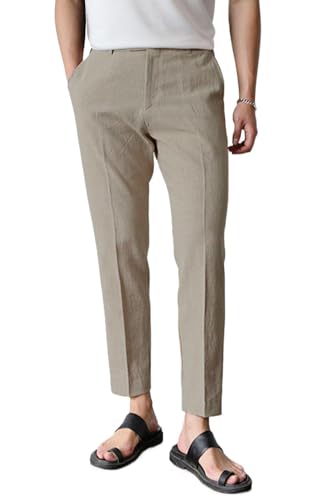 GINGTTO Leinenhose Herren Leichte Lang Strandhose Slim fit Casual Sommerhose Männer Business Leinen Hose mit Taschen Dunkles Khaki 30 von GINGTTO