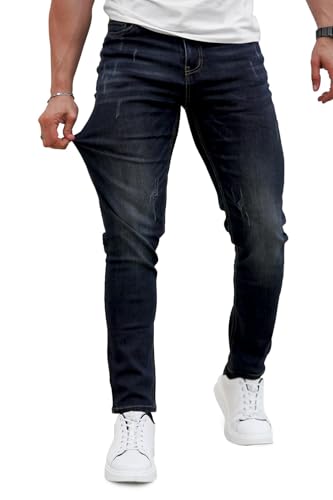 GINGTTO Jeans Herren Stretch Slim Fit Jeanshose Löchern Ripped Skinny Denim Dunkelblau Hose 32W/30L von GINGTTO