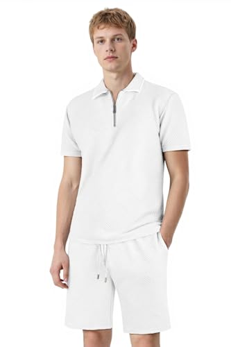 GINGTTO Sommer Outfit Herren Trainingsanzug 2 Teiliges Beach Shorts und Tshirt Set mit Half-Zip Polo Hemd Casual Kurzarm Zweiteiler Kurze Strand Freizeitanzug Weiß L von GINGTTO