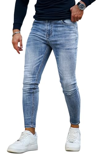 GINGTTO Stretch Hosen Männer Jeans Herren Skinny Jeanshose Designer Denim Eng Hosen Hellblau 30/30 von GINGTTO