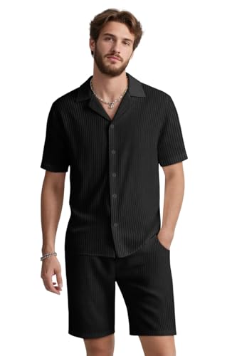 GINGTTO Trainingsanzug Herren Freizeitanzug Sommer 2 Teiliges Kurzarm Button-Up Revers Hemd und Shorts Beach Shirt Hose Set Casual Urlaub Strand Schwarz L von GINGTTO