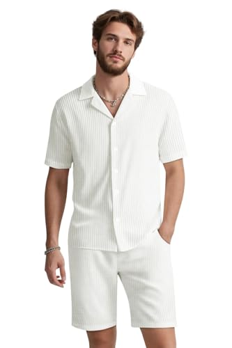 GINGTTO Trainingsanzug Herren Hemd und Shorts Set Sommer 2 Teiliges Outfits Kurzarm Button Down Beach Shirt Casual Urlaub Strand Sportanzug Weiß S von GINGTTO