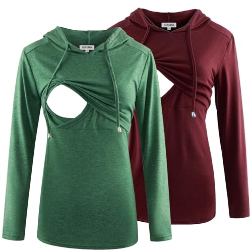 GINKANA Damen Still-Kapuzenpullover, Sweatshirt, Langarm, Stillen, Umstands-Top, Freizeitkleidung, Grün + Burgunderrot, Groß von GINKANA