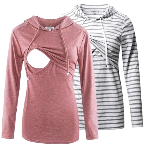 GINKANA Damen Still-Kapuzenpullover, Sweatshirt, Langarm, Stillen, Umstands-Top, Freizeitkleidung, Rosa + Weiß mit grauen Streifen, XX-Large von GINKANA
