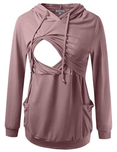 GINKANA Damen Still-Kapuzenpullover Top Sweatshirt Langarm Knopf Dekoration Taschen Hemden Tunika Top, Mauve, L von GINKANA