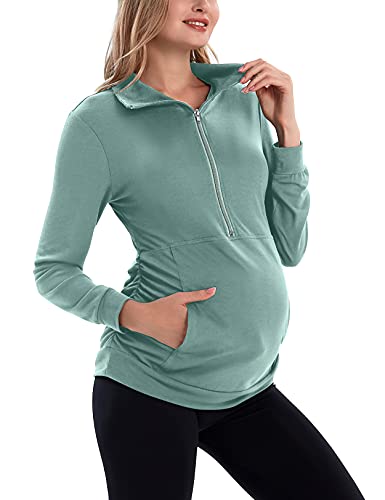 GINKANA Mutterschaft Damen Langarm Shirt Halber Reißverschluss Revers Leicht Casual Umstandspullover mit Taschen, salbeigrün, XL von GINKANA