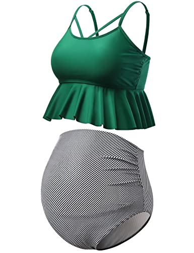 GINKANA Schwangerschafts-Bikini, zweiteiliger Badeanzug, Rüschen, hohe Taille, Umstands-Badeanzug, Sommer, Schwangerschaft, Bademode, Grün , S von GINKANA