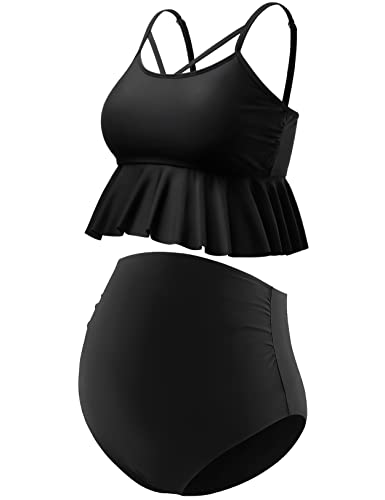 GINKANA Schwangerschafts-Bikini, zweiteiliger Badeanzug, Rüschen, hohe Taille, Umstands-Badeanzug, Sommer, Schwangerschaft, Bademode, Schwarz, Large von GINKANA