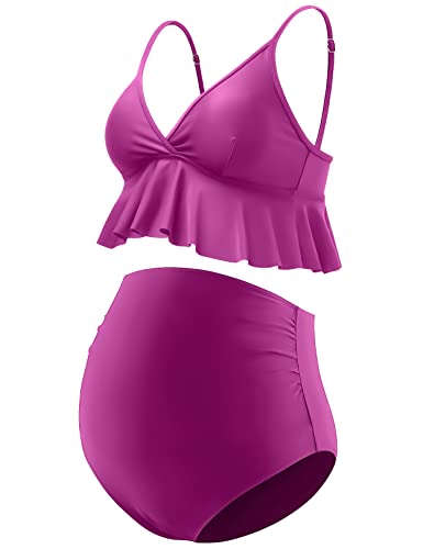 GINKANA Schwangerschafts-Bikini-Set, Volant, Badeanzug, Oberteil, Bademode, Unterteil, Rosenrot, Large von GINKANA