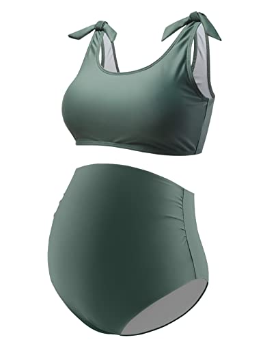 GINKANA Schwangerschafts-Bikini-Set, zweiteilig, Schwangerschafts-Badeanzug, Schultergurte, hohe Taille, Bademode, Schwangerschafts-Badeanzüge, Oliv/Blatt für mich (Leaf It to Me), S von GINKANA