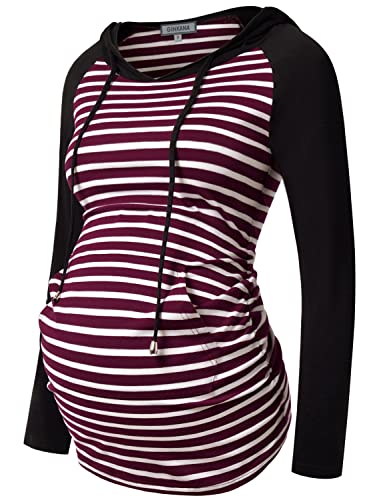 GINKANA Umstands-Kapuzenpullover mit Langen Ärmeln, lässiges Umstands-Top, Schwangerschafts-Sweatshirt, Freizeitkleidung, Burgunderrot/Schwarz, XL von GINKANA