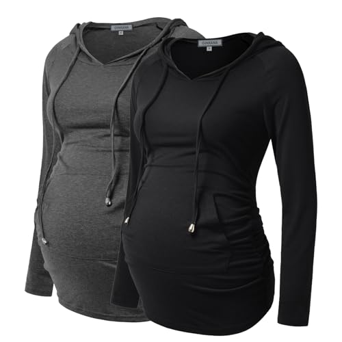 GINKANA Umstands-Kapuzenpullover mit langen Ärmeln, lässiges Umstands-Top, Schwangerschafts-Sweatshirt, Freizeitkleidung, Dunkelgrau und Schwarz, Groß von GINKANA