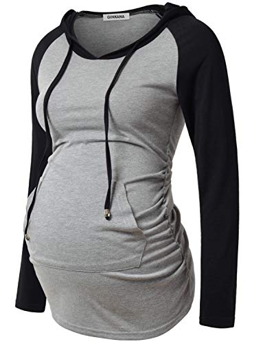 GINKANA Umstands-Kapuzenpullover mit langen Ärmeln, lässiges Umstands-Top, Schwangerschafts-Sweatshirt, Freizeitkleidung, Gery mit Schwarz, M von GINKANA