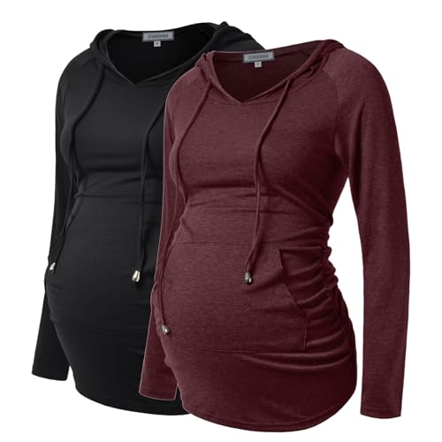 GINKANA Umstands-Kapuzenpullover mit langen Ärmeln, lässiges Umstands-Top, Schwangerschafts-Sweatshirt, Freizeitkleidung, Schwarz-Burgunderrot, M von GINKANA