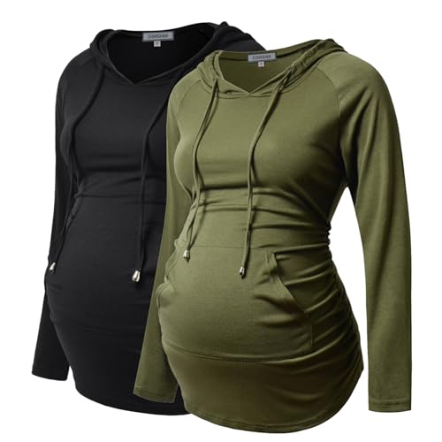 GINKANA Umstands-Kapuzenpullover mit langen Ärmeln, lässiges Umstands-Top, Schwangerschafts-Sweatshirt, Freizeitkleidung, Schwarz und Olivgrün, L von GINKANA