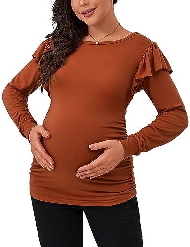 GINKANA Umstands-Shirts Langarm Casual Rüschen Rüschen Schulter Bodycon Schwangerschaft Tops T-Shirt Tunika für den täglichen Gebrauch, Caramel, X-Groß von GINKANA