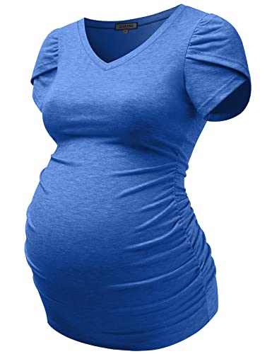 GINKANA Umstands-Top, kurze Blütenblattärmel, T-Shirt, V-Ausschnitt, gerüschte Seiten, Hemden, lässig, Basic, Tunika, Schwangerschafts-T-Shirt, Bluse, Blau, Groß von GINKANA