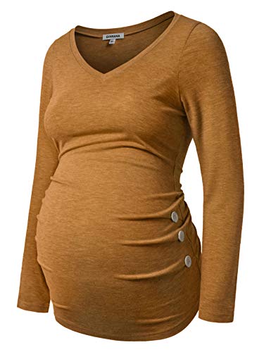 GINKANA Umstandsshirt Langarm Basic Top Rüschen Seiten Knöpfe T-Shirt für Schwangere, Braun, Klein von GINKANA