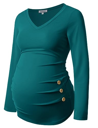 GINKANA Umstandsshirt Langarm Basic Top Rüschen Seiten Knöpfe T-Shirt für Schwangere, Deep Lake Green, Groß von GINKANA