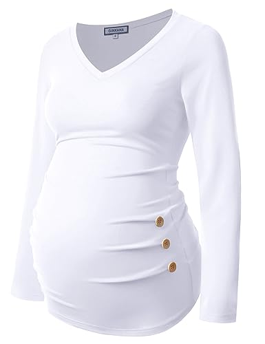 GINKANA Umstandsshirt Langarm Basic Top Rüschen Seiten Knöpfe T-Shirt für Schwangere, Weiss/opulenter Garten, Klein von GINKANA