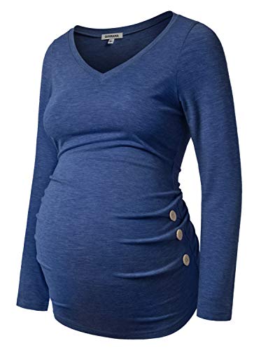 GINKANA Umstandsshirt Langarm Basic Top Rüschen Seiten Knöpfe T-Shirt für Schwangere - Blau - Klein von GINKANA